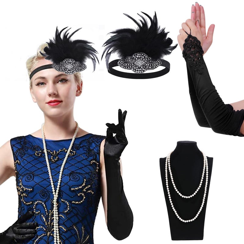 cridoz Flapper Accessories, 1920s Gatsby Accessories for Women Includes Flapper Headbands Necklace Gloves Black - Image 2